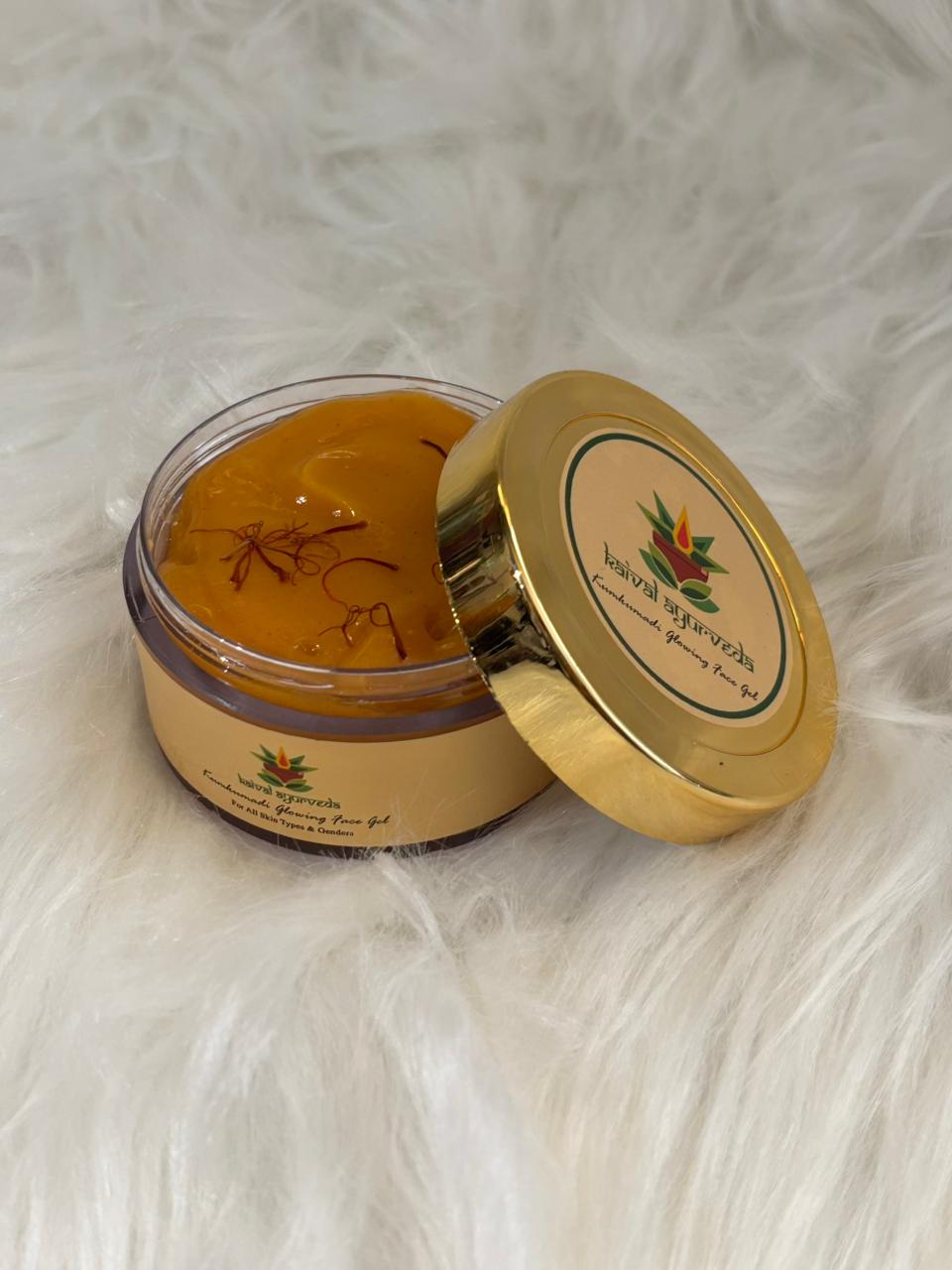 Kaival Ayurveda Kumkumadi Glowing Face Gel open showing golden saffron gel