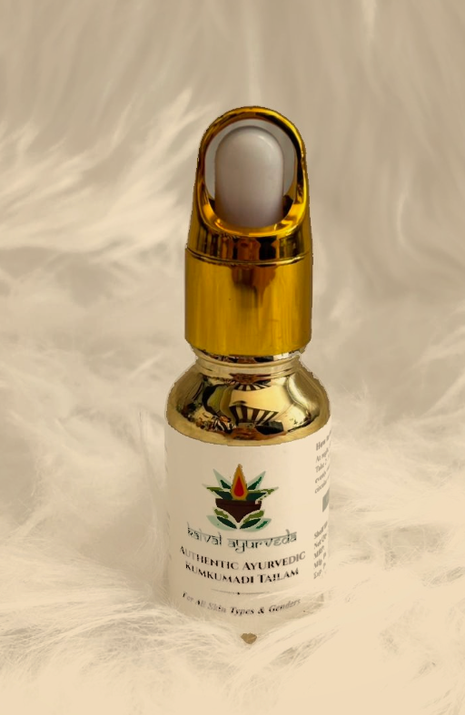 Kaival Ayurveda Authentic Kumkumadi Tailam gold bottle standing upright on white fur